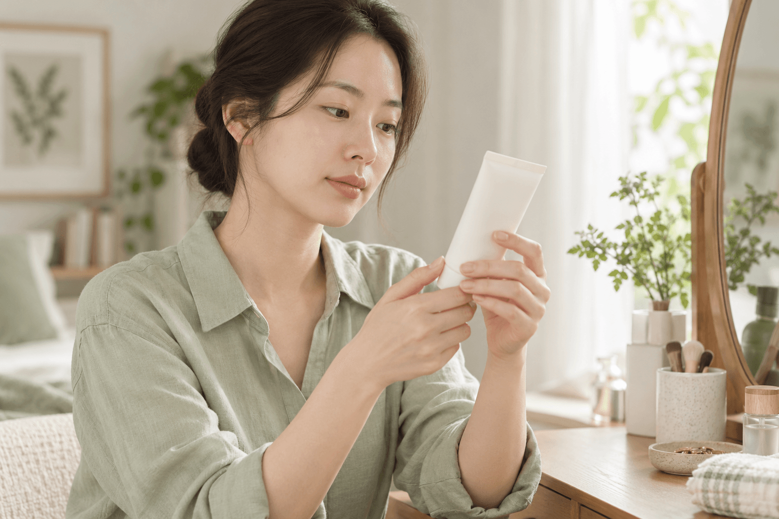 연녹색 셔츠를 입은 여성이 흰색 튜브를 살펴보는 모습