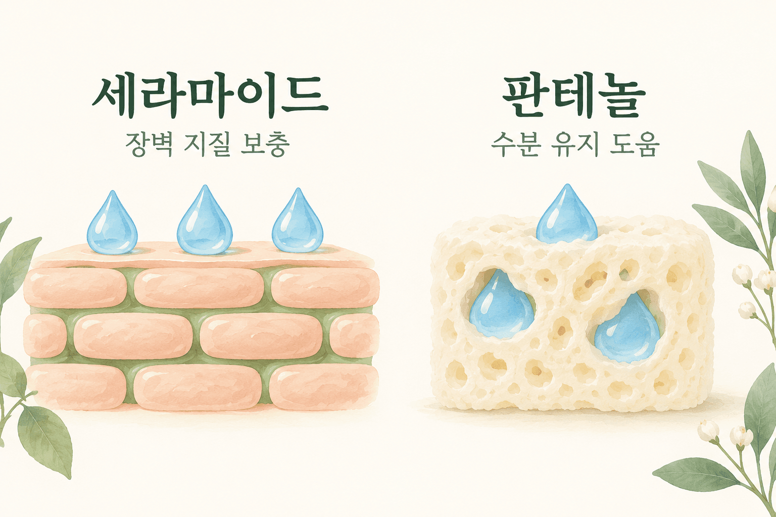 세라마이드를 벽돌과 틈새로, 판테놀을 물방울을 머금은 스펀지로 표현한 그림